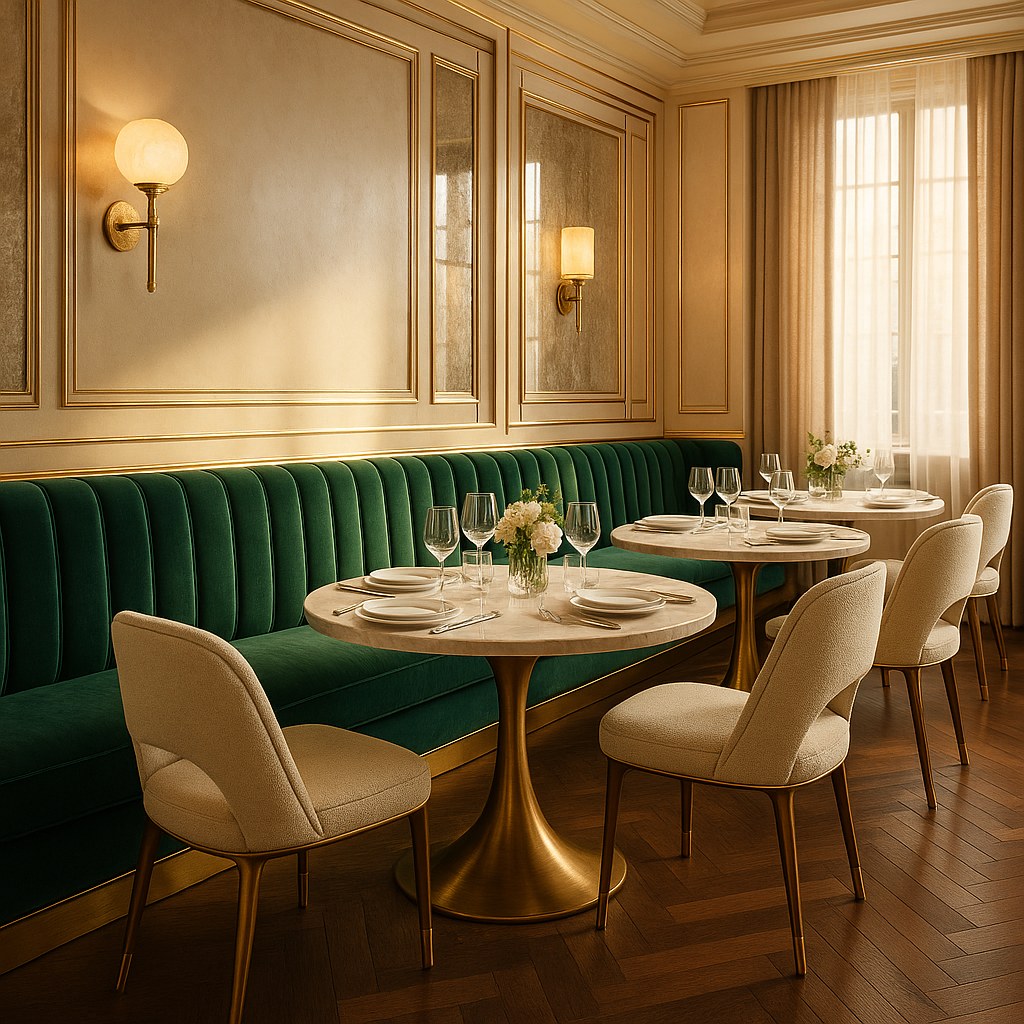 Luxury restaurant banquette seating and upholstered chairs by Casa Padrino