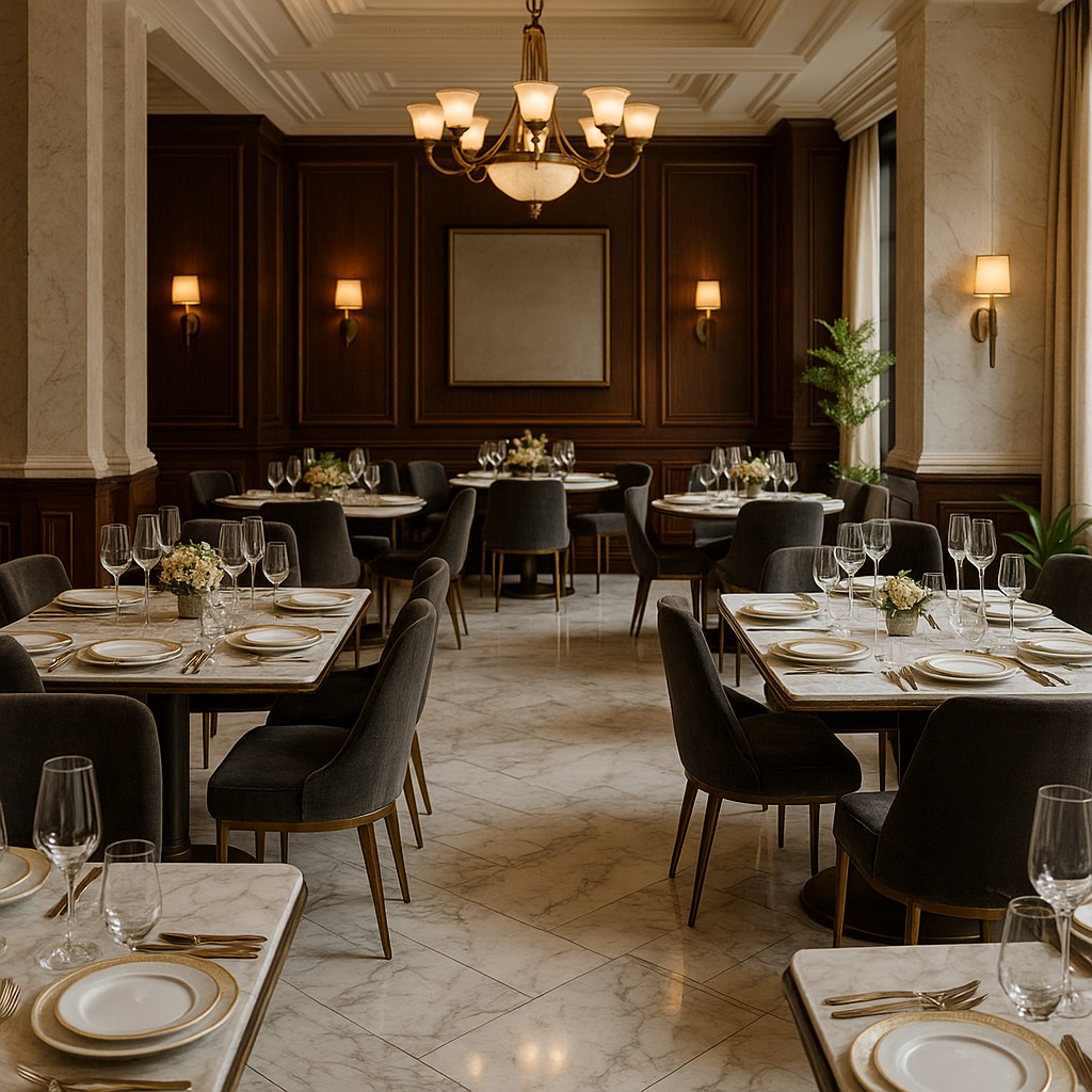 Luxury restaurant dining tables and chairs arranged for fine dining by Casa Padrino