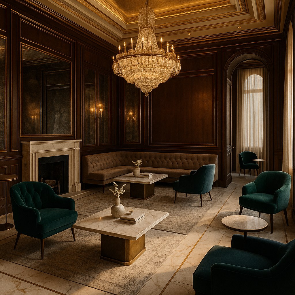 Luxury restaurant furniture in a lounge area with chandelier by Casa Padrino