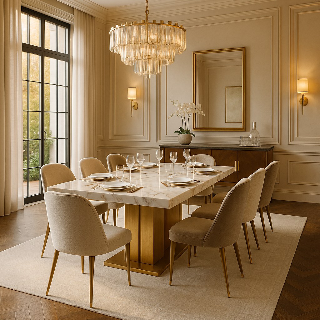 Luxury villa dining room furniture with a marble dining table by Casa Padrino