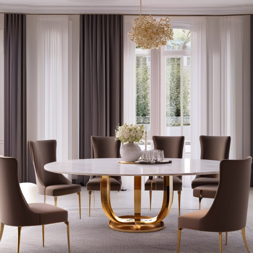 Marble dining table with a gold base in an elegant dining room by Casa Padrino