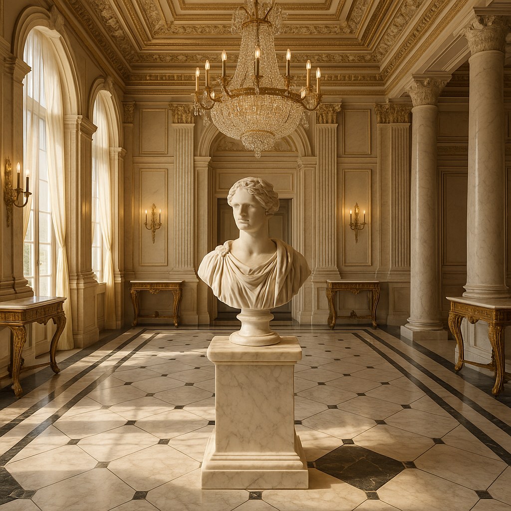 Marble furniture column pedestal with a sculpture in a grand hall by Casa Padrino