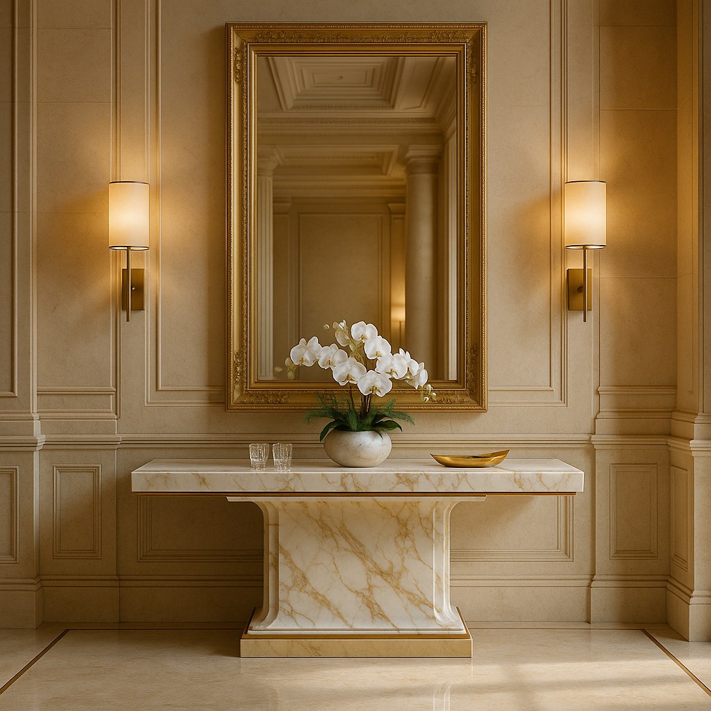Marble furniture console table and mirror in an elegant hotel lobby by Casa Padrino