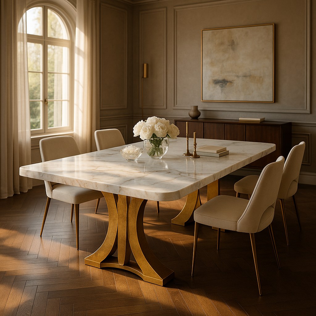 Marble furniture dining table with a gilded base in a luxury dining room by Casa Padrino