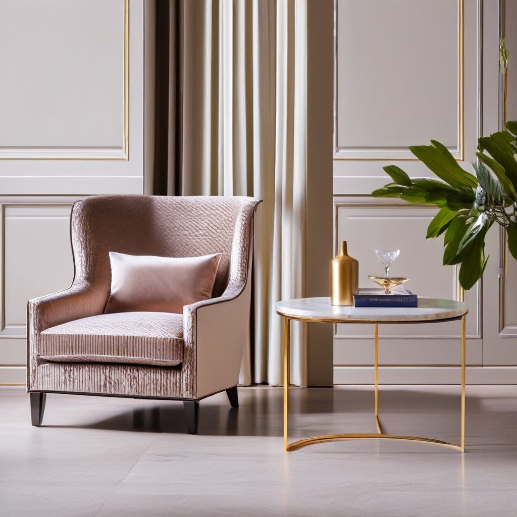 Marble side table positioned beside a velvet armchair by Casa Padrino