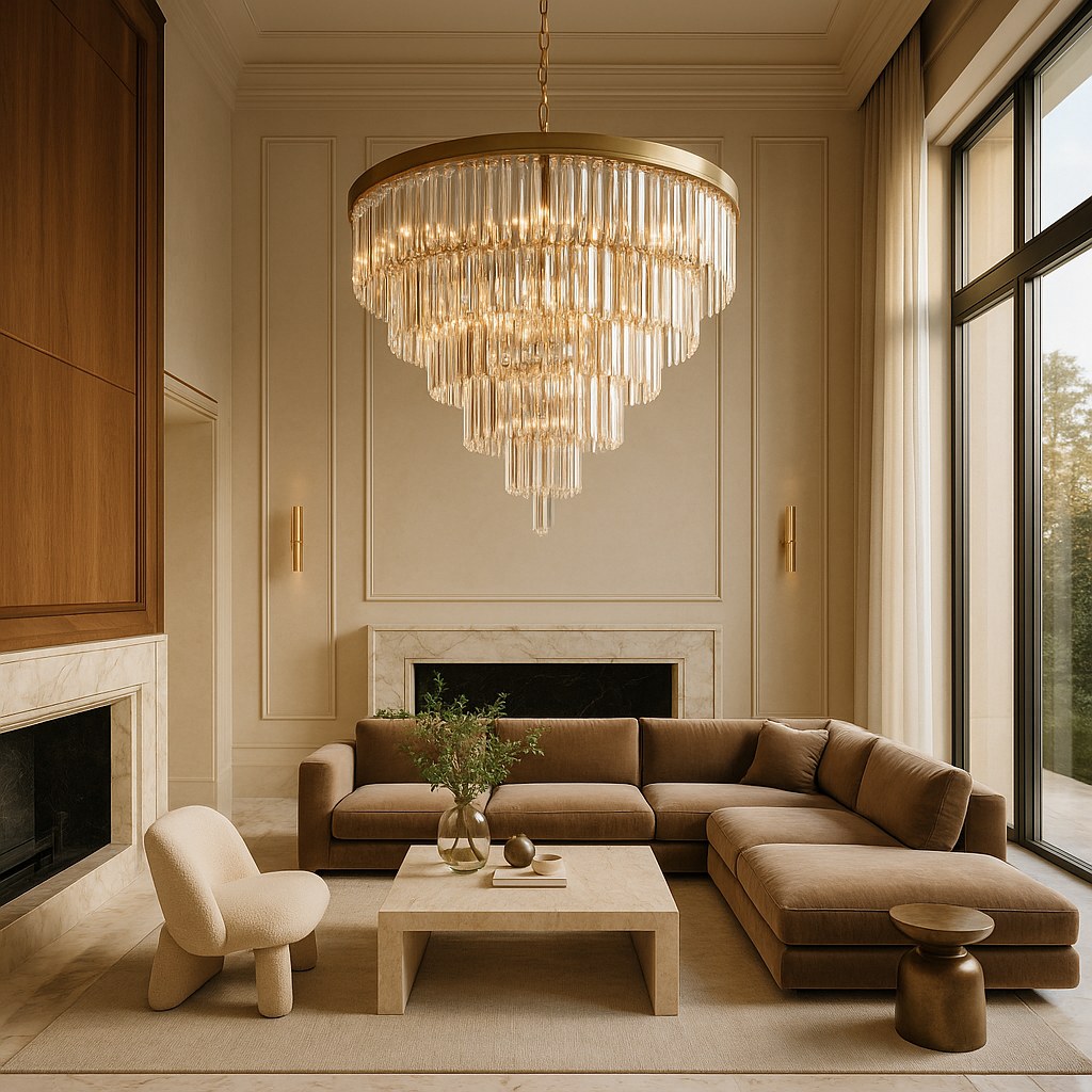 Modern luxury chandelier in a contemporary villa living room by Casa Padrino