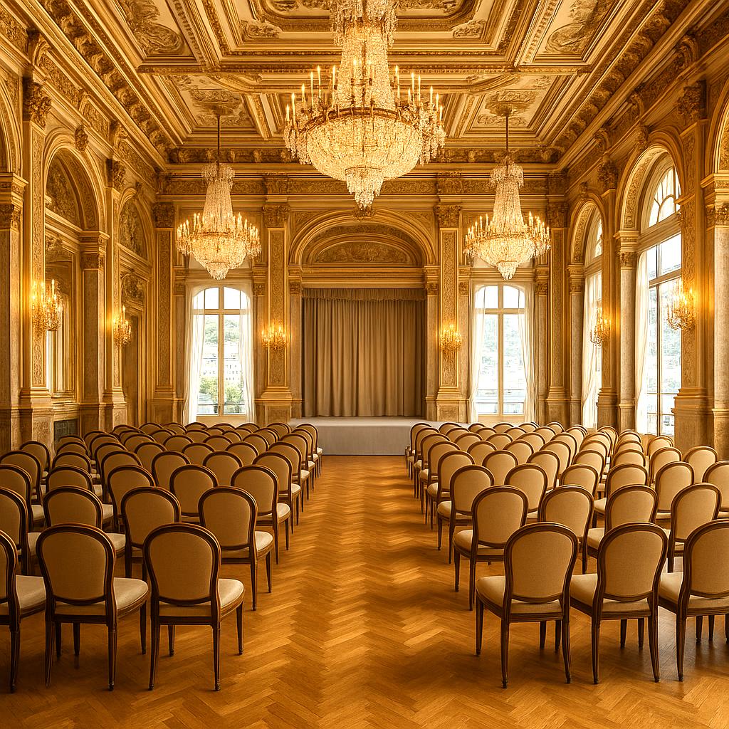 Monte-Carlo television festival interiors Belle Epoque ballroom with Casa Padrino upholstered chairs and crystal chandeliers
