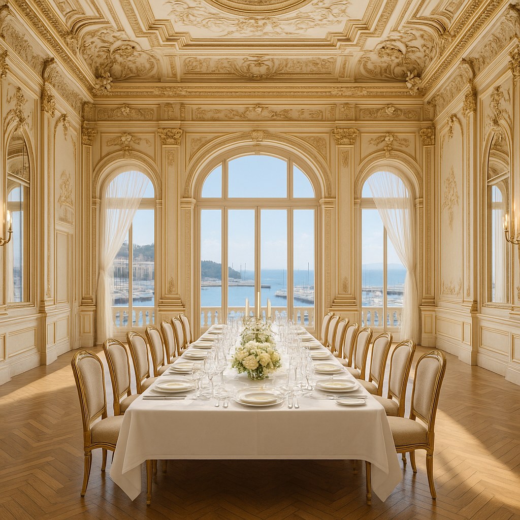 Monte-Carlo television festival interiors gala dinner table with Casa Padrino upholstered chairs beneath an ornate ceiling