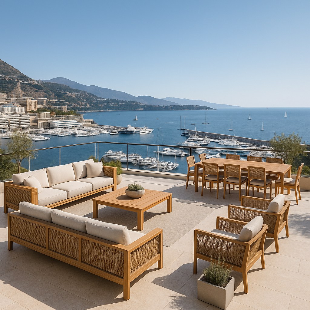 Monte-Carlo television festival interiors panoramic terrace lounge above the harbour with Casa Padrino furniture