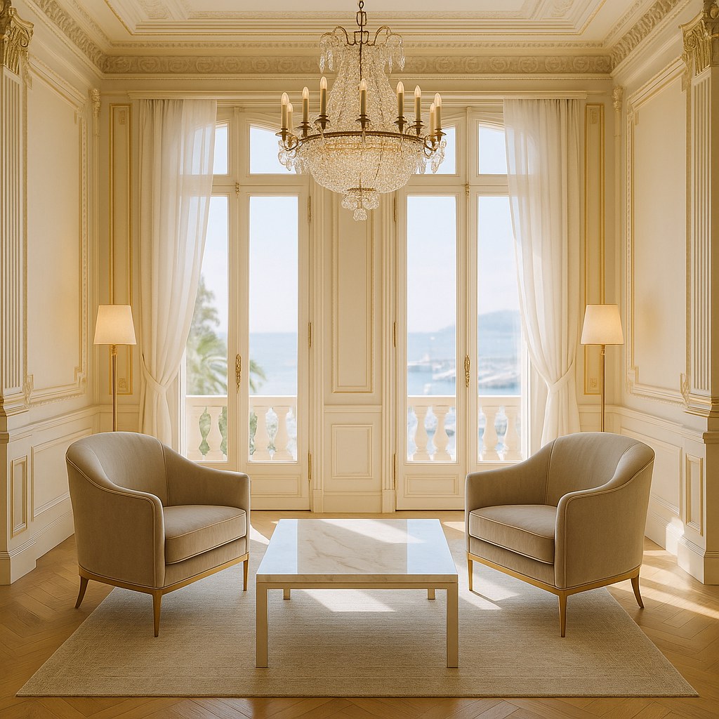 Monte-Carlo television festival interiors press lounge with two facing Casa Padrino luxury armchairs