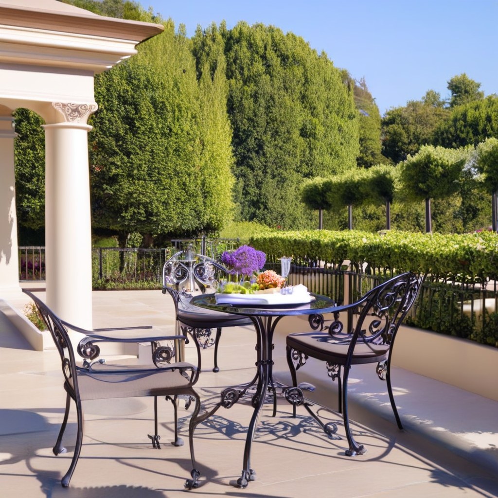 Ornate wrought iron garden chairs on an elegant hotel terrace by Casa Padrino