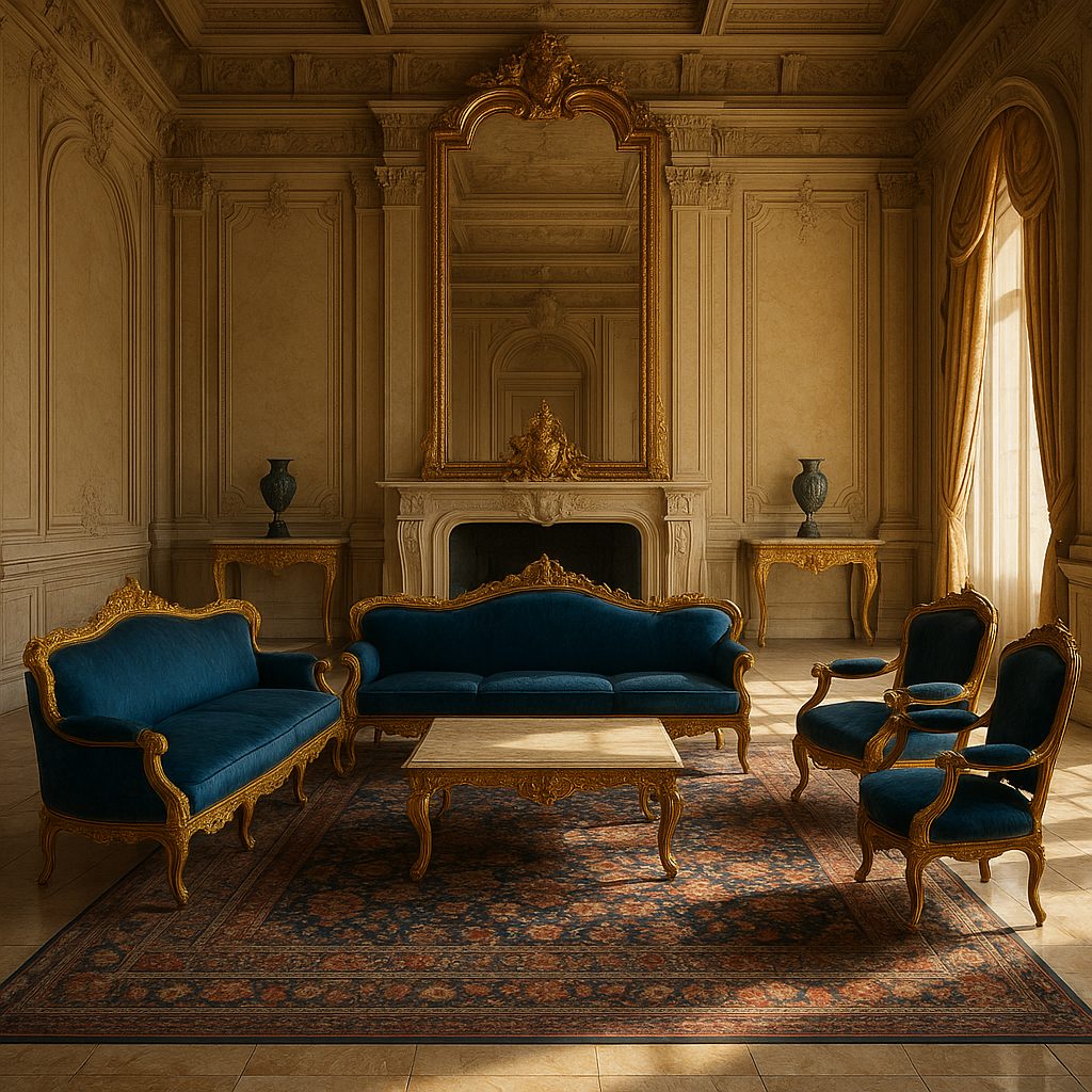 Palace furniture in a grand royal salon with gilded seating by Casa Padrino