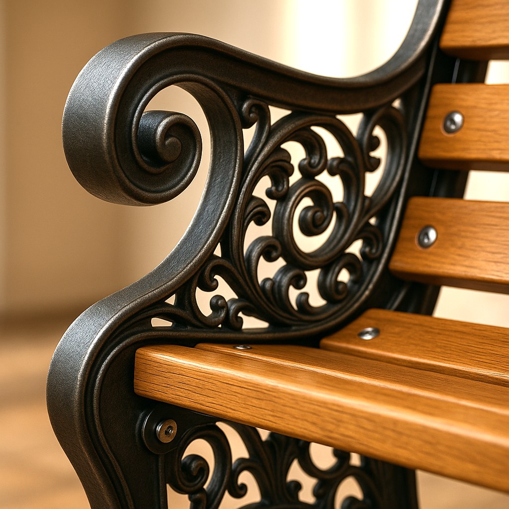 Park benches detail of an ornamental cast iron armrest and bench end by Casa Padrino