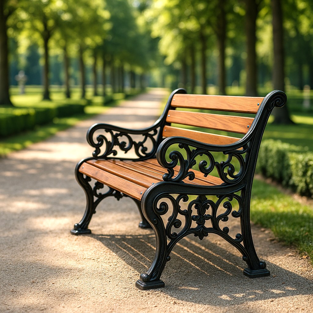 Park benches cast iron bench standing beside a tree lined park path by Casa Padrino