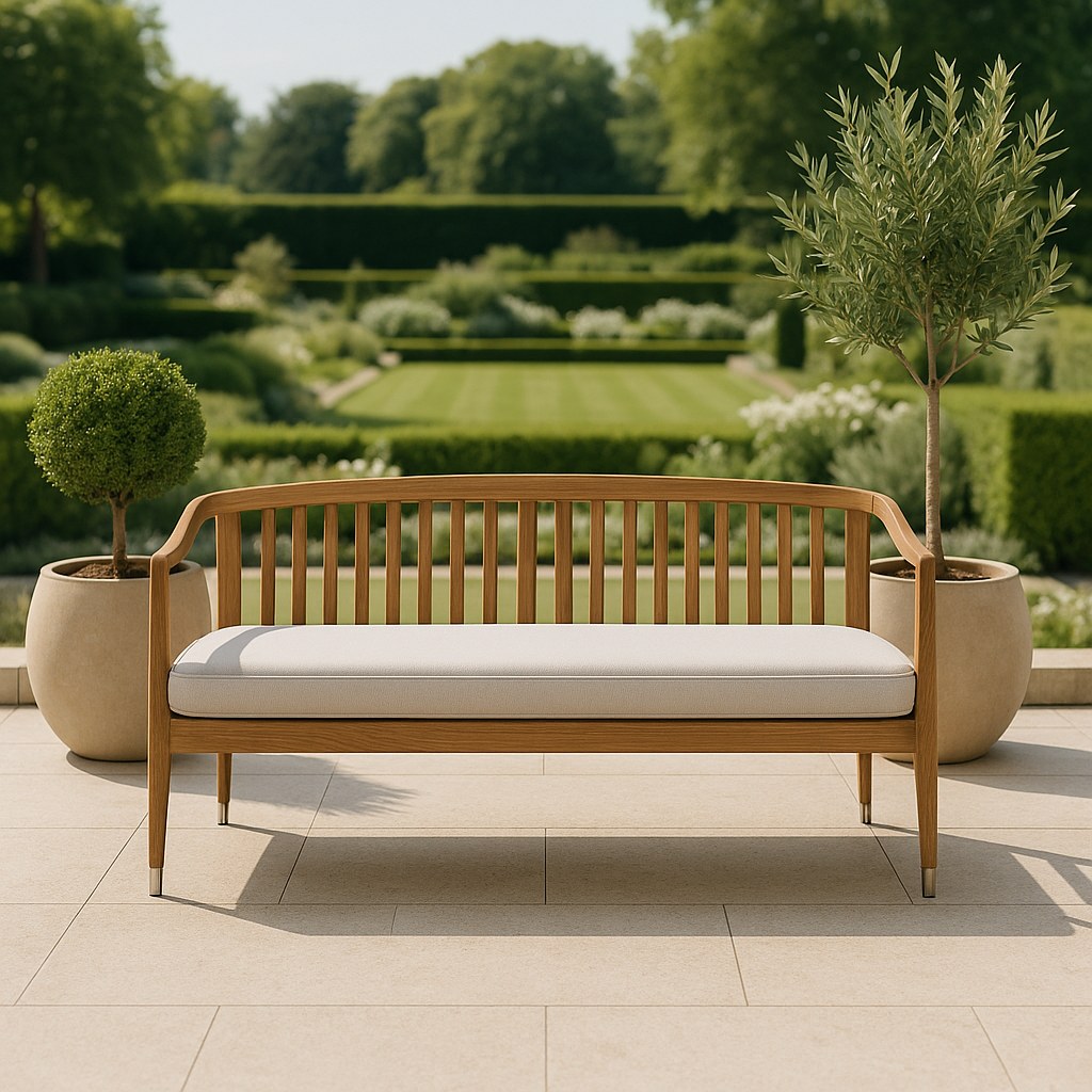 Park benches outdoor bench seating on a hotel garden terrace by Casa Padrino
