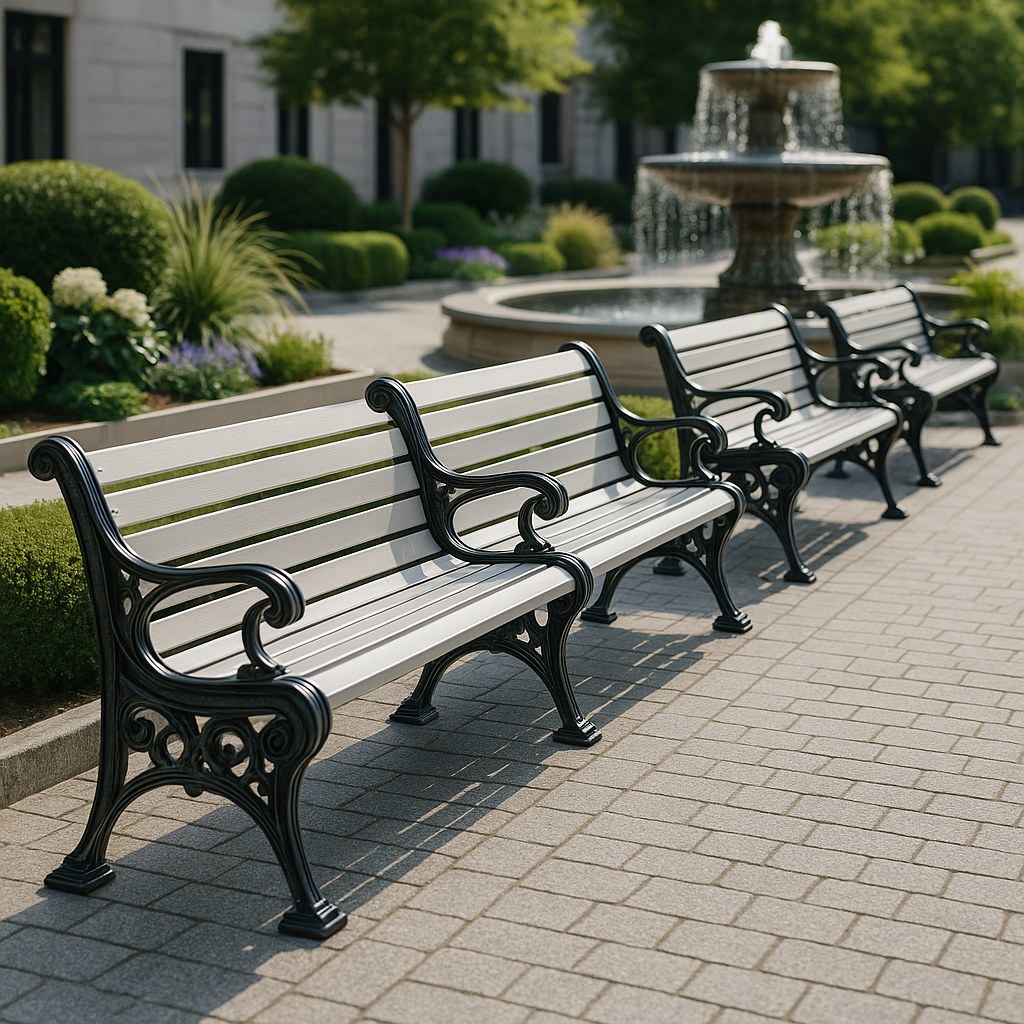 Park benches city bench with backrest on a paved town square by Casa Padrino
