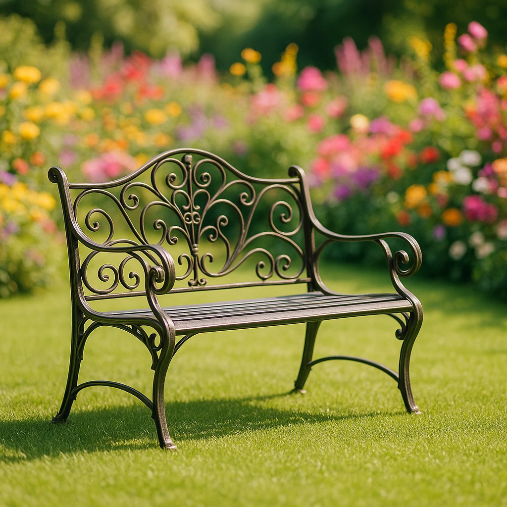 Park benches wrought iron garden bench with scrolled arms on a lawn by Casa Padrino
