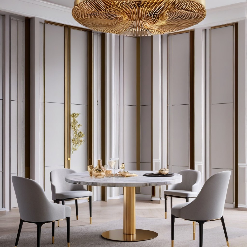 Round marble dining table with upholstered chairs by Casa Padrino