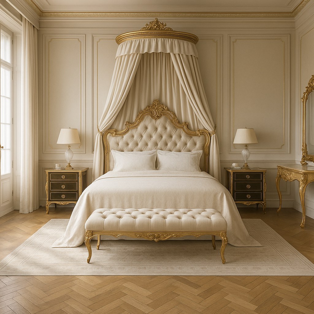 Royal palace bedroom furniture suite with carved canopy bed by Casa Padrino