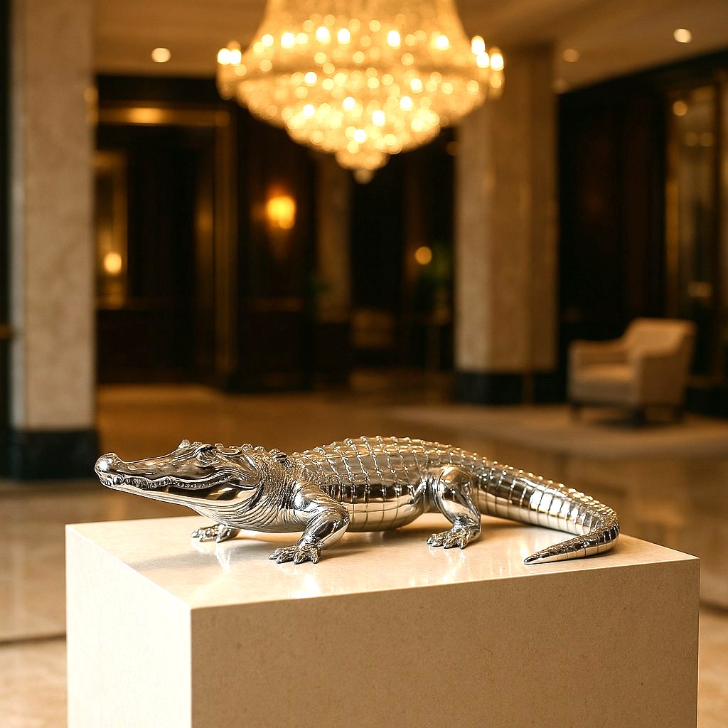 Silver crocodile sculpture in a luxury hotel lobby by Casa Padrino