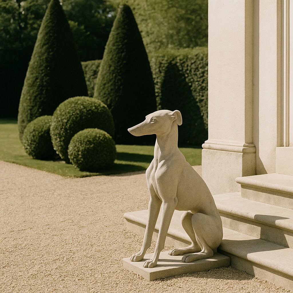 Life size stone greyhound beside the entrance steps of a country house in midday light by Casa Padrino