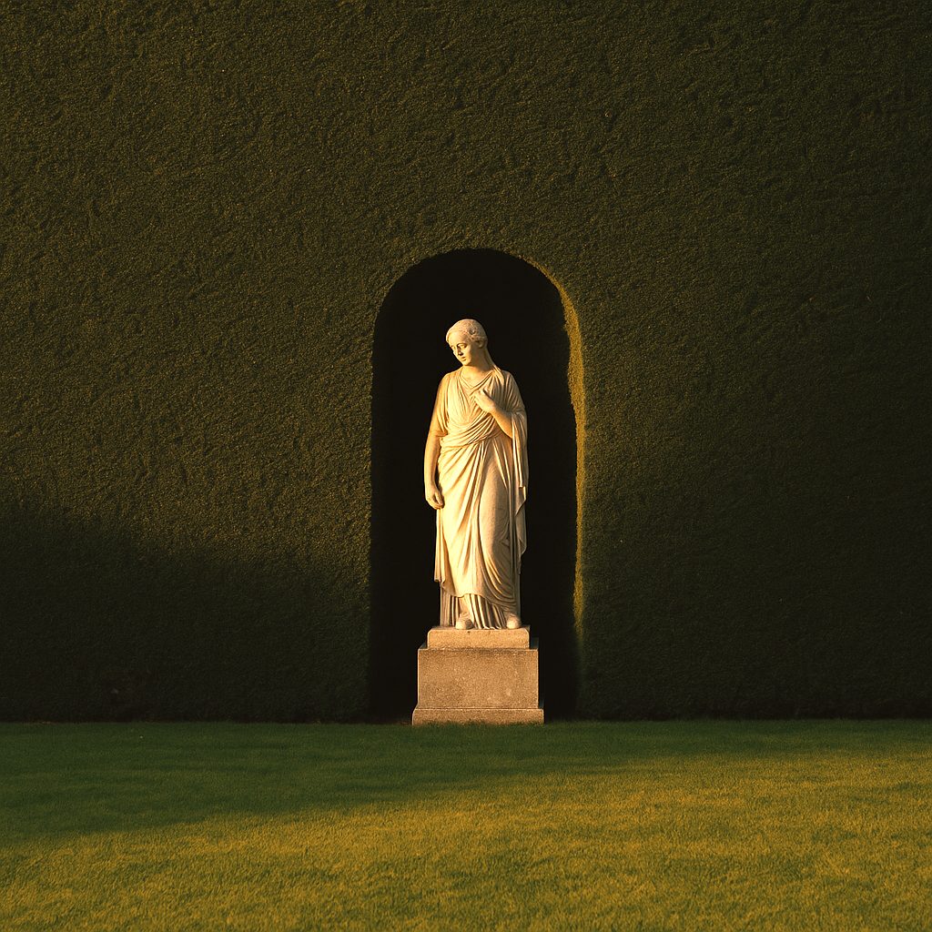 Classical female stone figure on a plinth in a niche cut into a clipped hedge in evening light by Casa Padrino