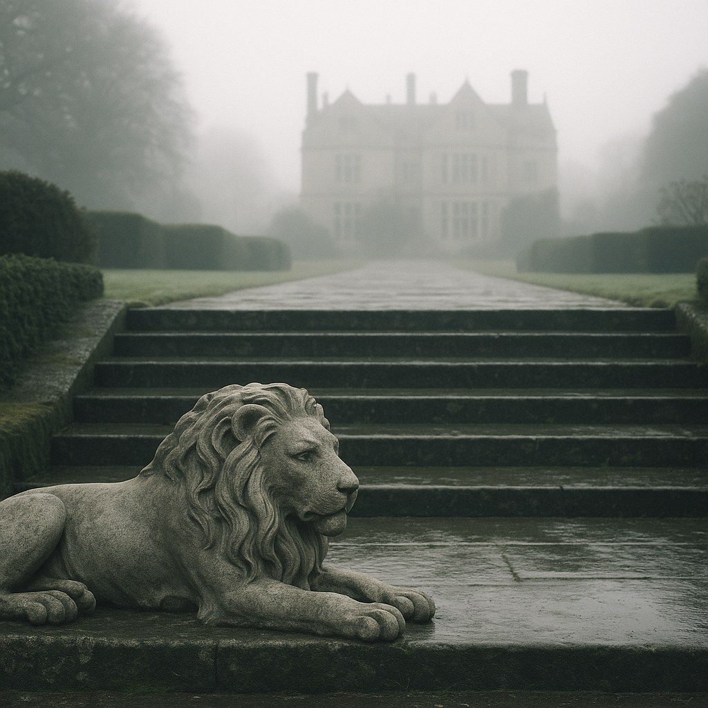 Carved stone lion at the foot of a broad flight of garden steps in morning mist before a manor house by Casa Padrino