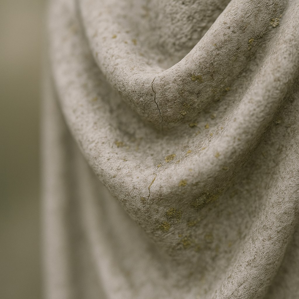 Close up of the weathered surface of a stone sculpture with lichen and fine cracks in the carved drapery by Casa Padrino