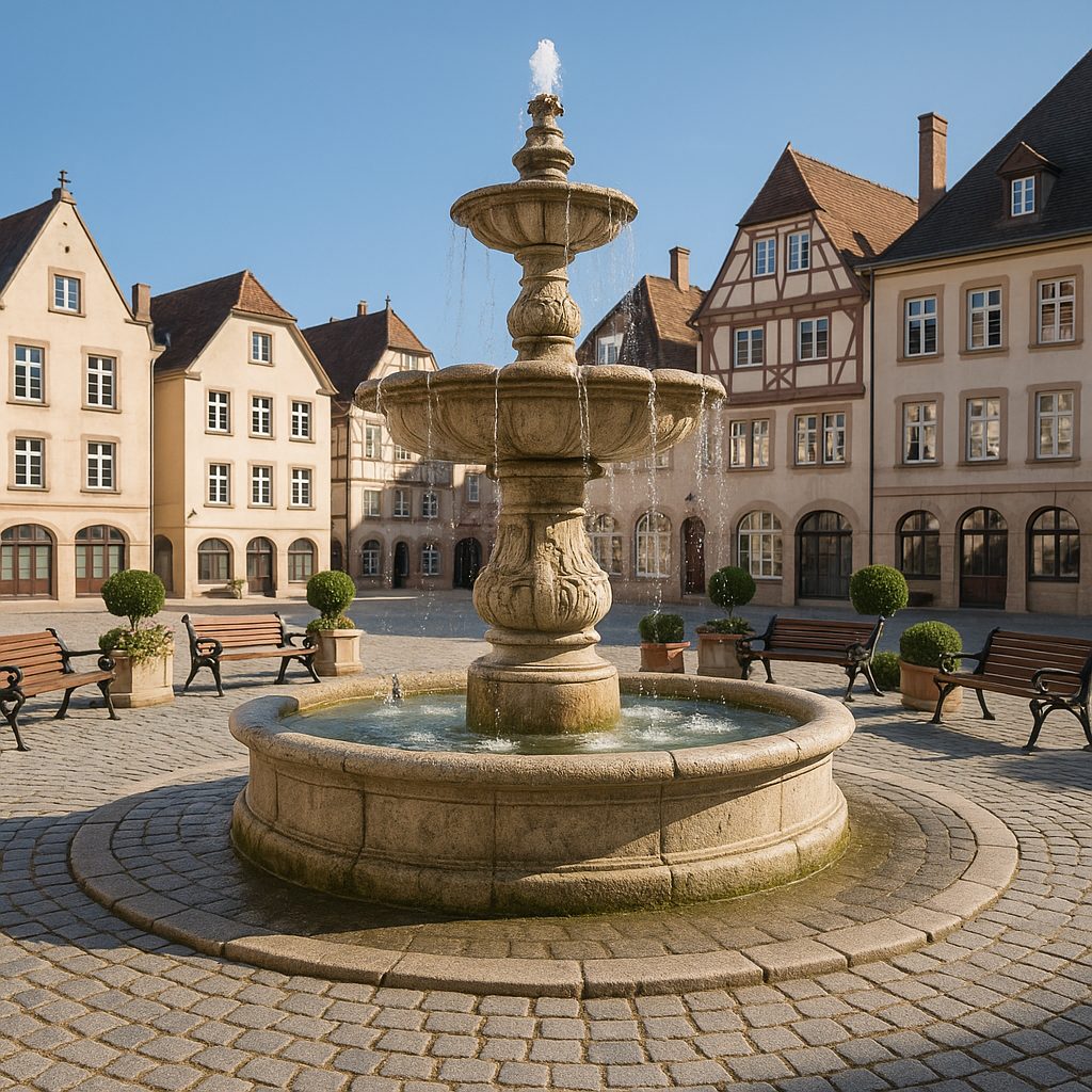Historic fountain on a market square surrounded by benches and planters supplied to a municipality
