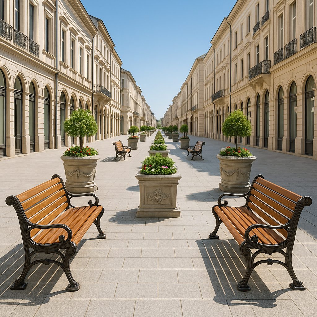 A row of identical benches and planters along a pedestrian zone, supplied to a town council