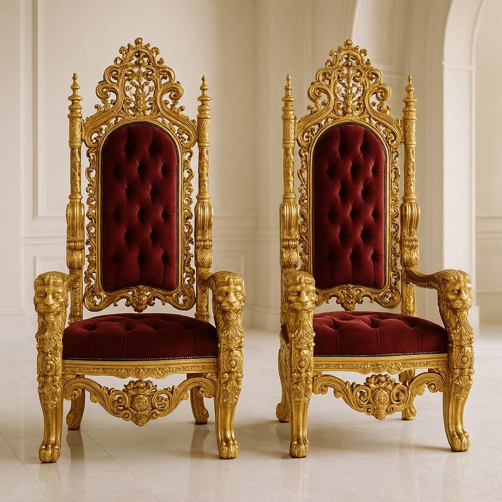 Throne chairs pair of baroque Casa Padrino armchairs in gold and velvet