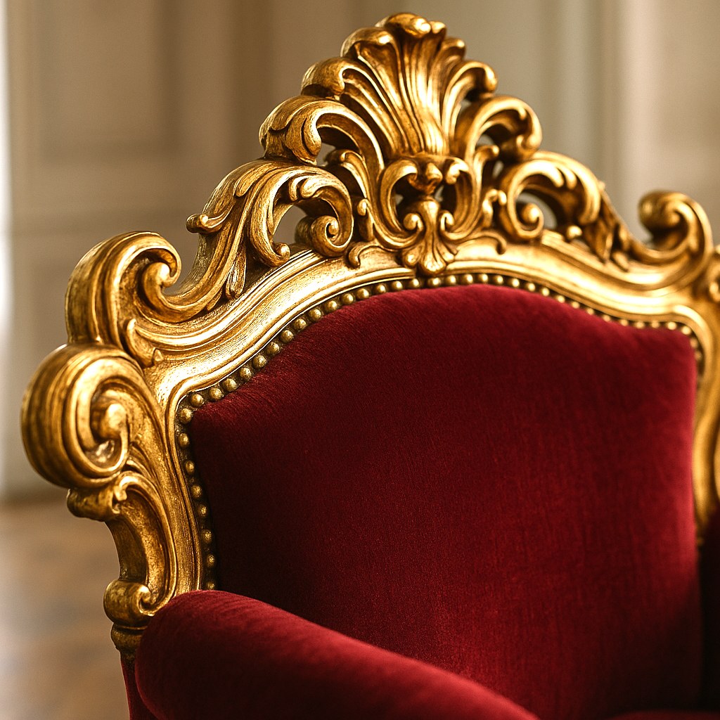 Throne chairs carved crest with gold leaf detail on a Casa Padrino baroque armchair