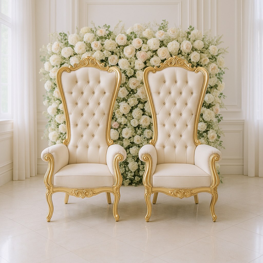 Throne chairs at a wedding reception with a Casa Padrino high backed pair in front of a floral backdrop