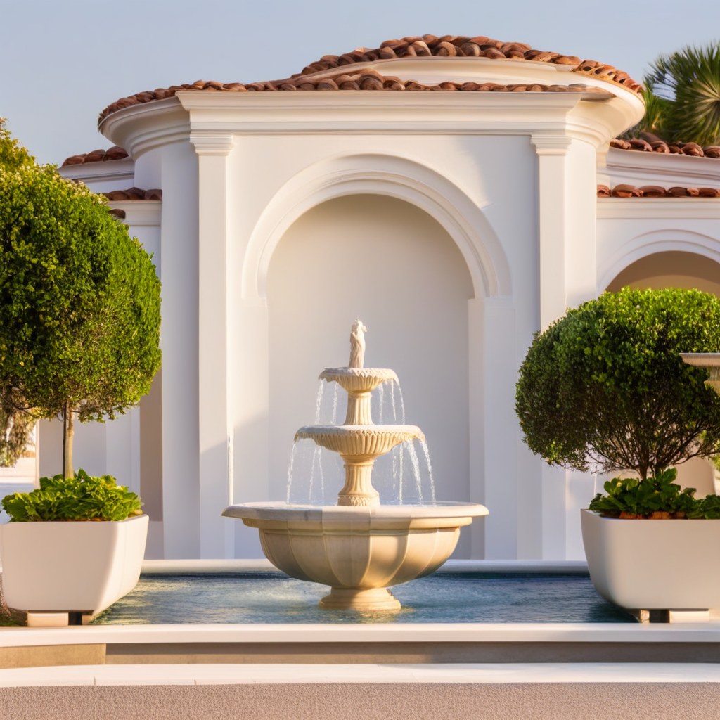 White marble tiered fountain on a villa terrace by Casa Padrino