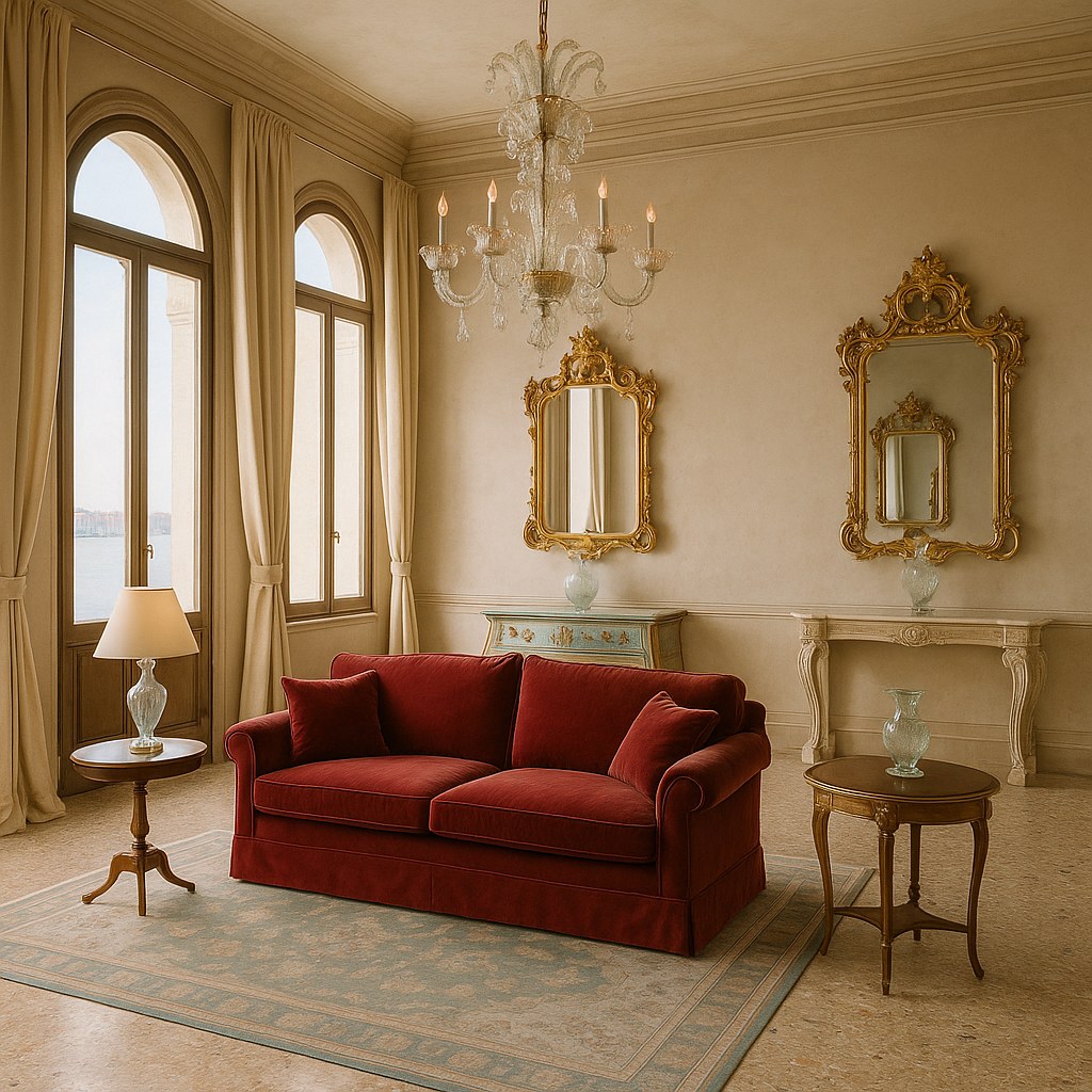 Venice film festival interiors Venetian salon with a Casa Padrino painted commode and gold framed mirrors