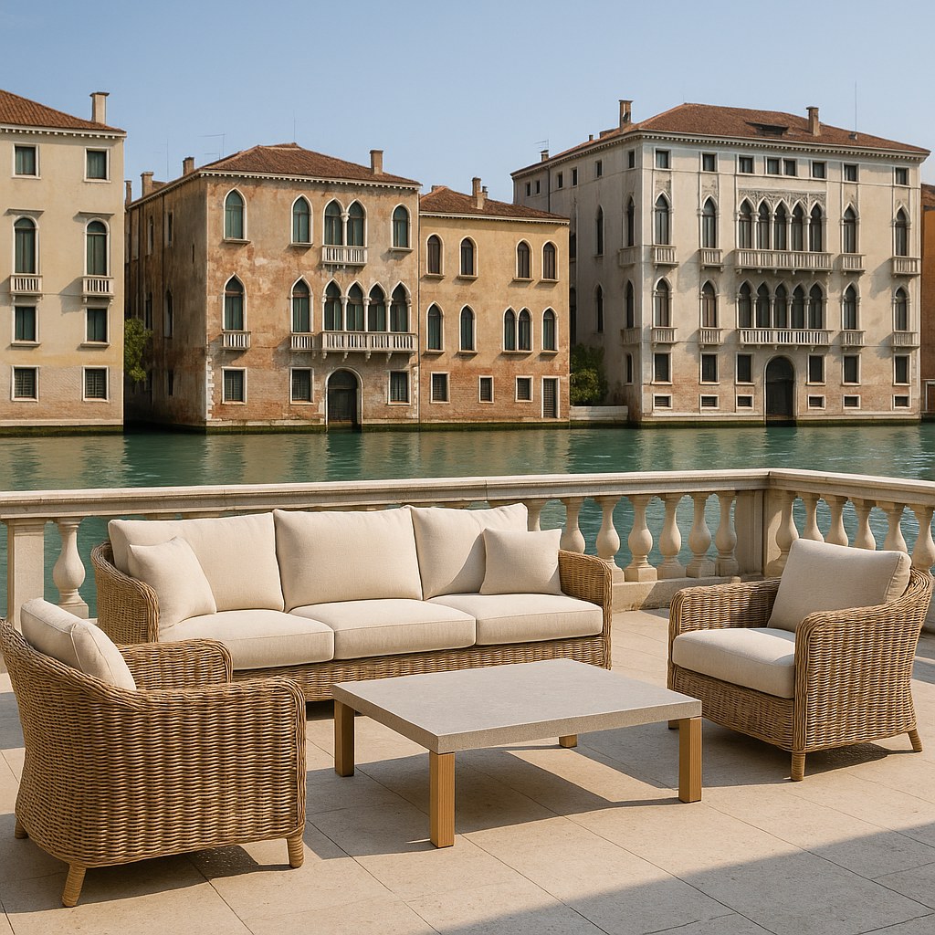 Venice film festival interiors canal side terrace with Casa Padrino rattan lounge furniture