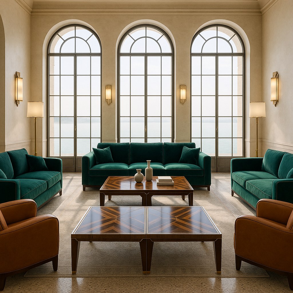 Venice film festival interiors Art Deco hotel lounge on the Lido with Casa Padrino velvet sofas