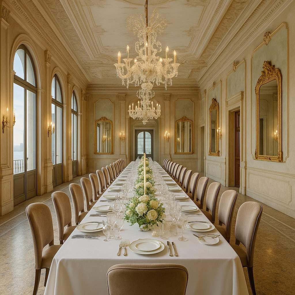 Venice film festival interiors palazzo gala hall with Casa Padrino upholstered chairs and crystal chandeliers