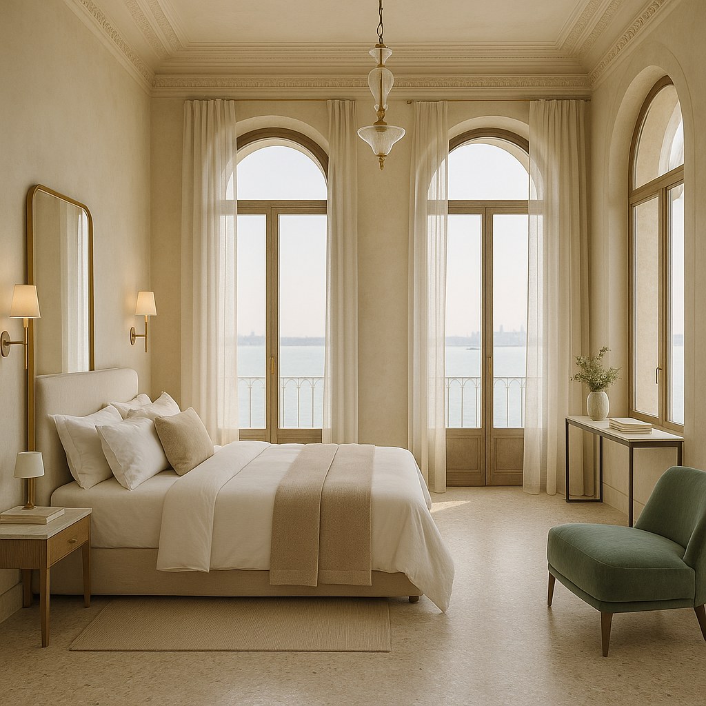 Venice film festival interiors hotel suite salon with lagoon view furnished by Casa Padrino