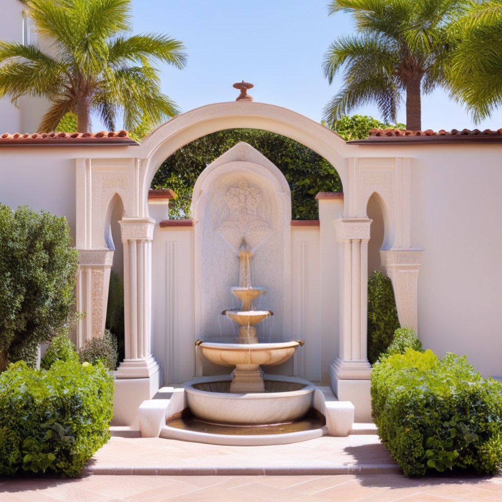 Wall fountain in a luxury hotel patio by Casa Padrino