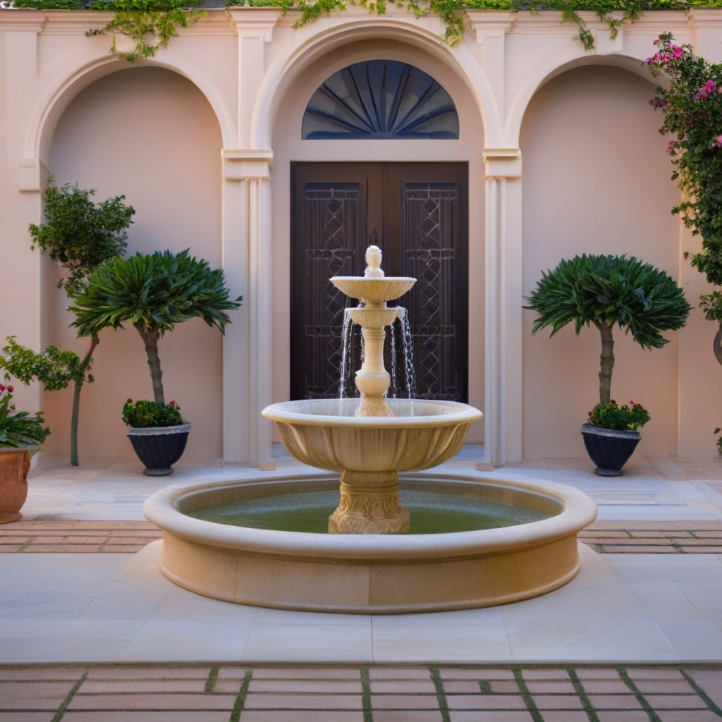 Marble wall fountain in a Mediterranean courtyard by Casa Padrino