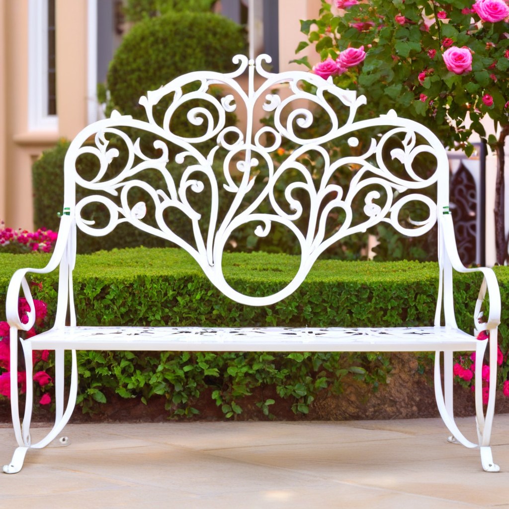 White wrought iron garden bench with floral ornaments in a rose garden by Casa Padrino