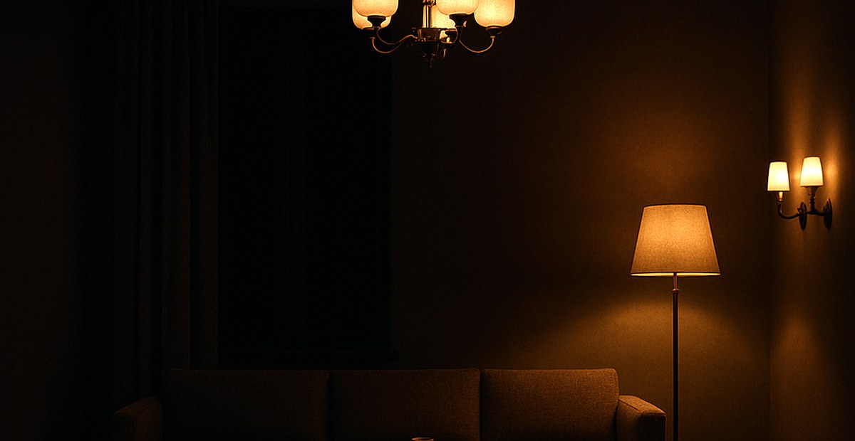 Living space at night lit in three layers by chandelier, floor lamp and wall lamps