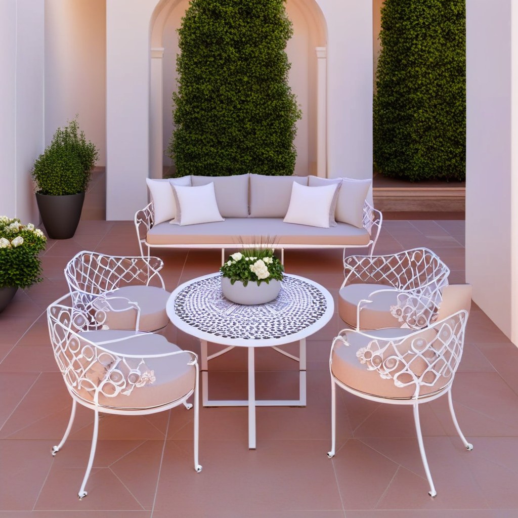 White wrought iron garden furniture seating set on an elegant terrace by Casa Padrino