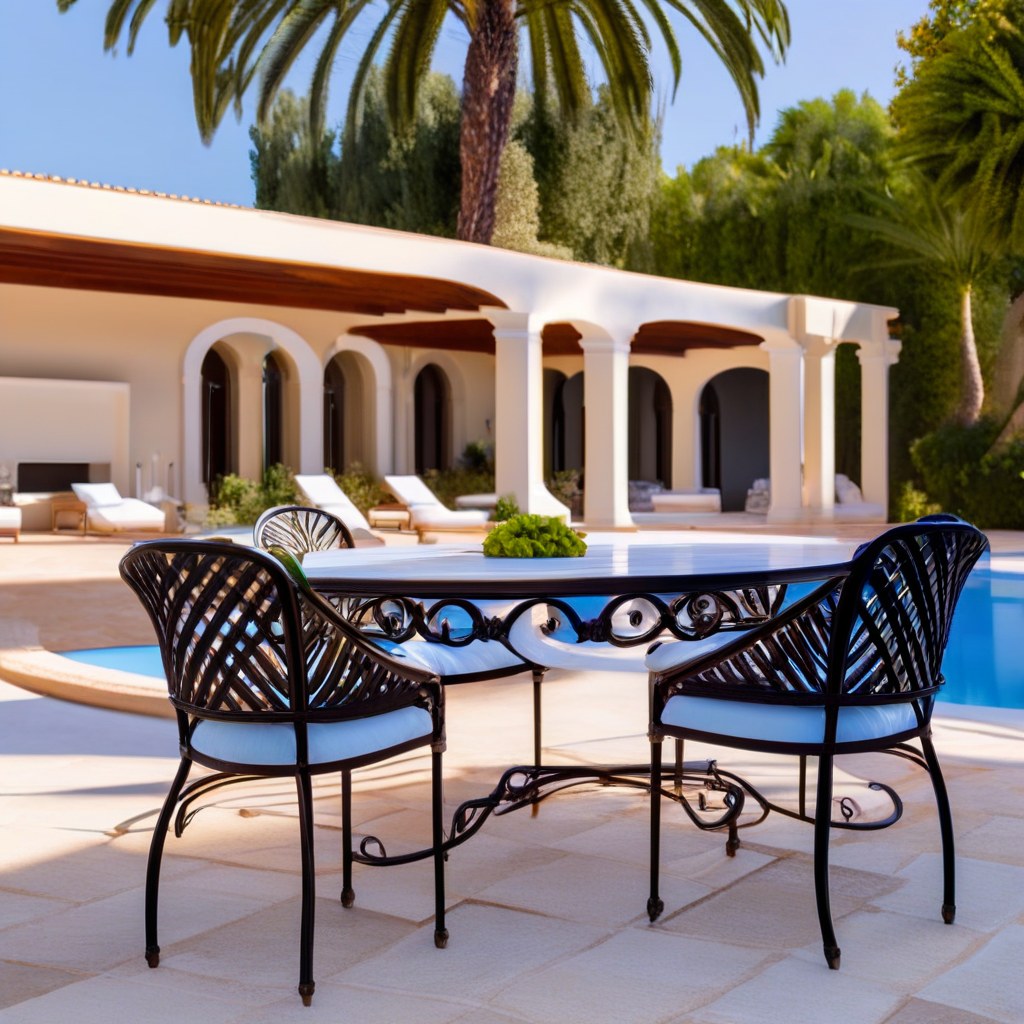 Elegant wrought iron garden furniture set by the pool of a luxury villa by Casa Padrino