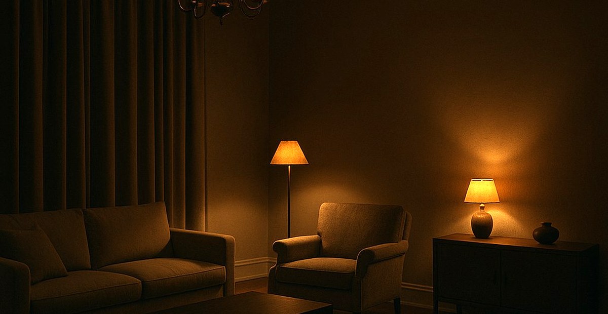 Apartamento de noche iluminado en tres niveles con lampara de arana, lampara de pie y de mesa