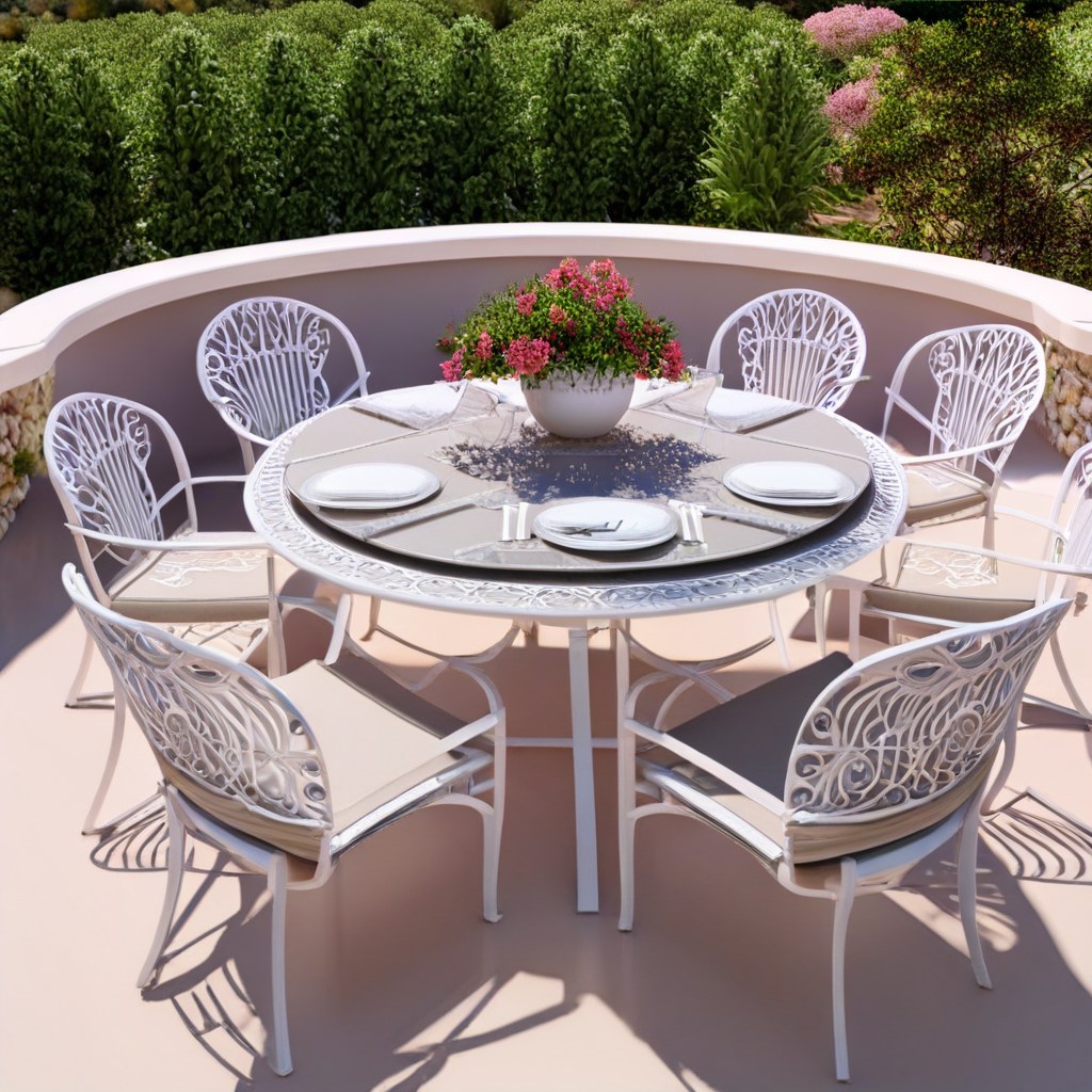 Banco de jardín blanco de muebles de jardín de hierro forjado con ornamentos florales en una rosaleda de Casa Padrino