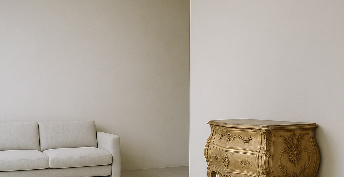 Comoda barroca y sofa moderno en una sala de pared clara y sobria
