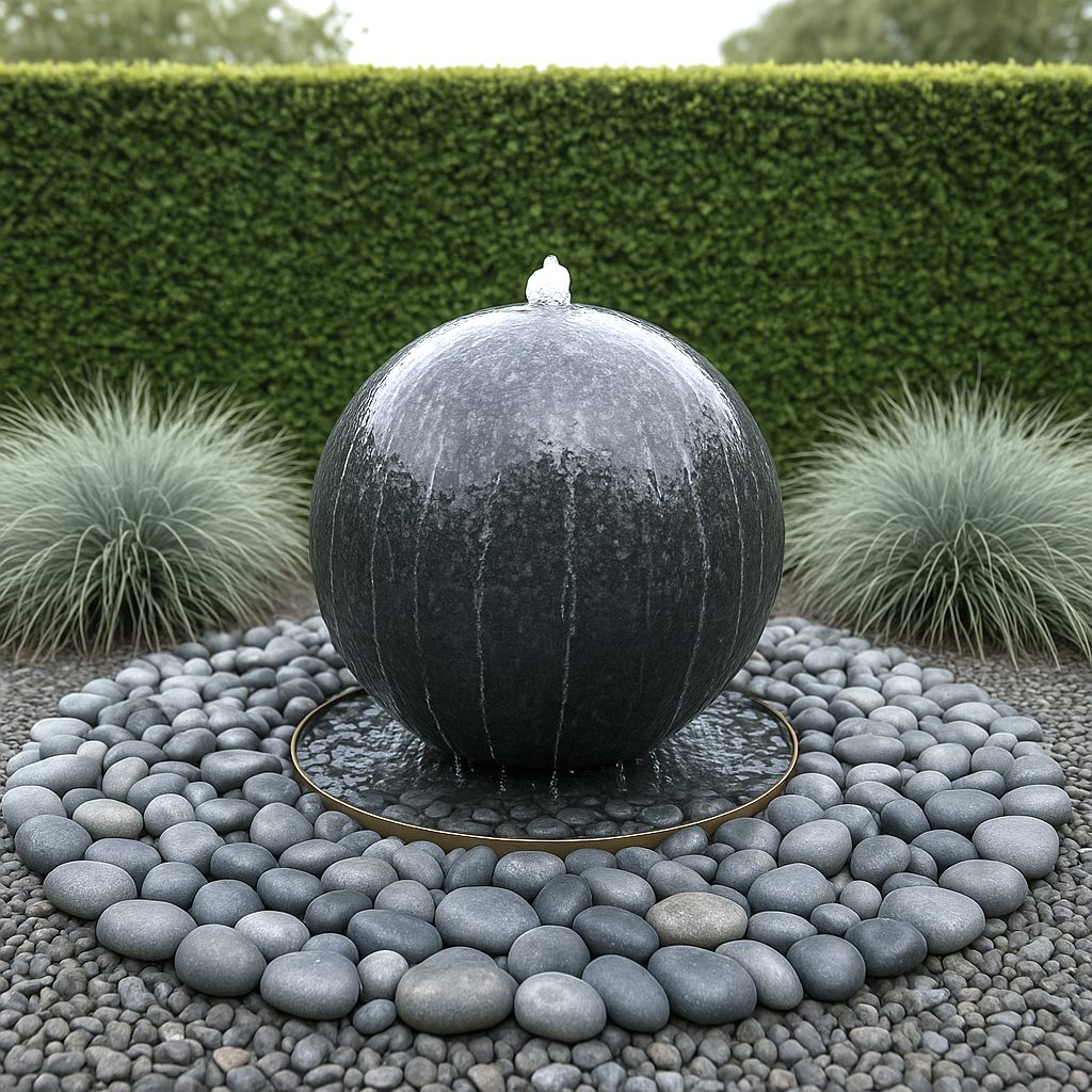 Fuente esférica de granito pulido con agua discurriendo de forma uniforme en un jardín contemporáneo de Casa Padrino