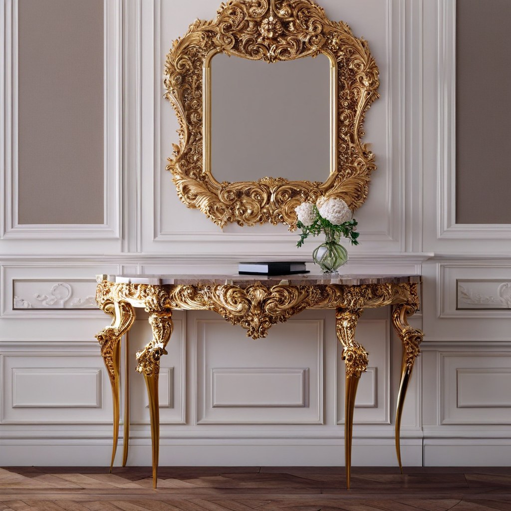 Muebles barrocos: espejo barroco dorado sobre consola elegante de Casa Padrino